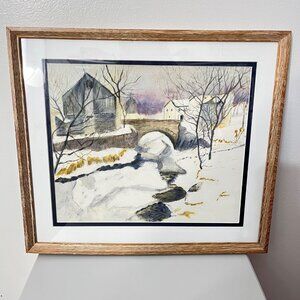 Framed Winter Scene Watercolor Painting By Ruth Ober-Adams 1988 With Rustic Wood